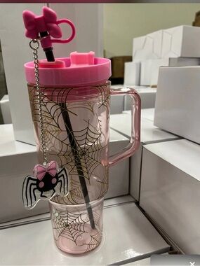 Hot Topic Pink Acrylic Spiderweb Travel Mug with Charm
